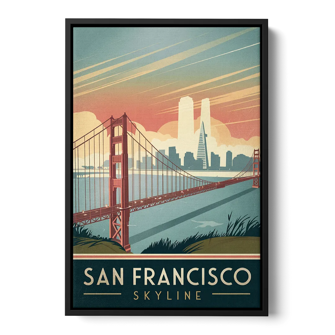 San Francisco Golden Gate Bridge Skyline Front - Black Canvas Wall Art