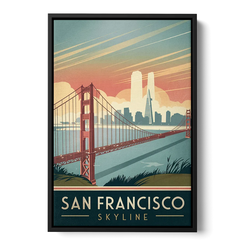 San Francisco Golden Gate Bridge Skyline Front - Black Canvas Wall Art