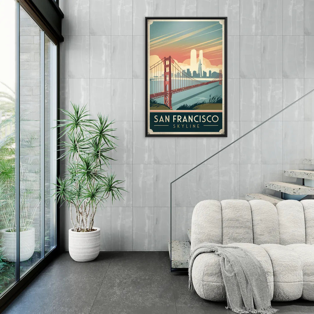 San Francisco Golden Gate Bridge Skyline - Living Room Black Frame Canvas