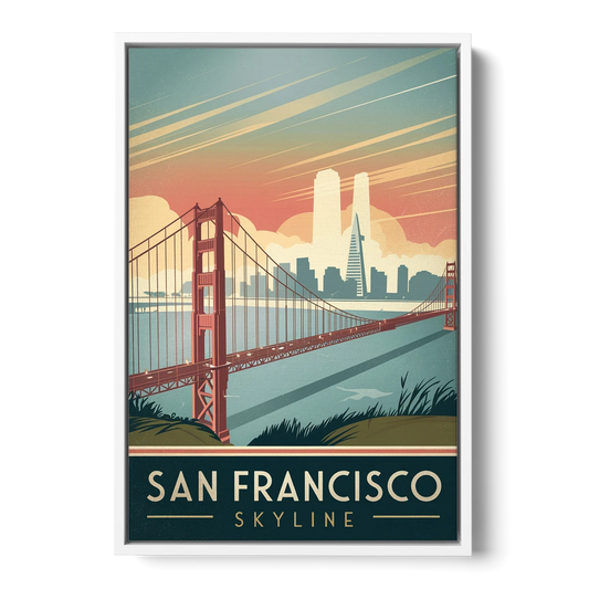 San Francisco Golden Gate Bridge Skyline - White Framed Canvas Wall Art - Front
