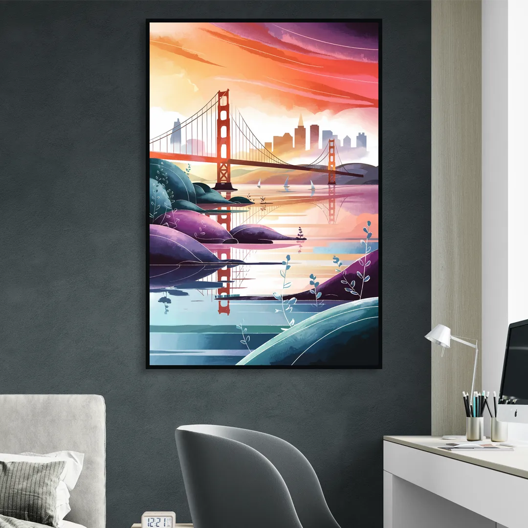 San Francisco Golden Gate Reflection Living Room - Black Canvas Wall Art