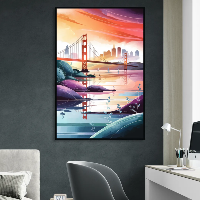San Francisco Golden Gate Reflection Living Room - Black Canvas Wall Art