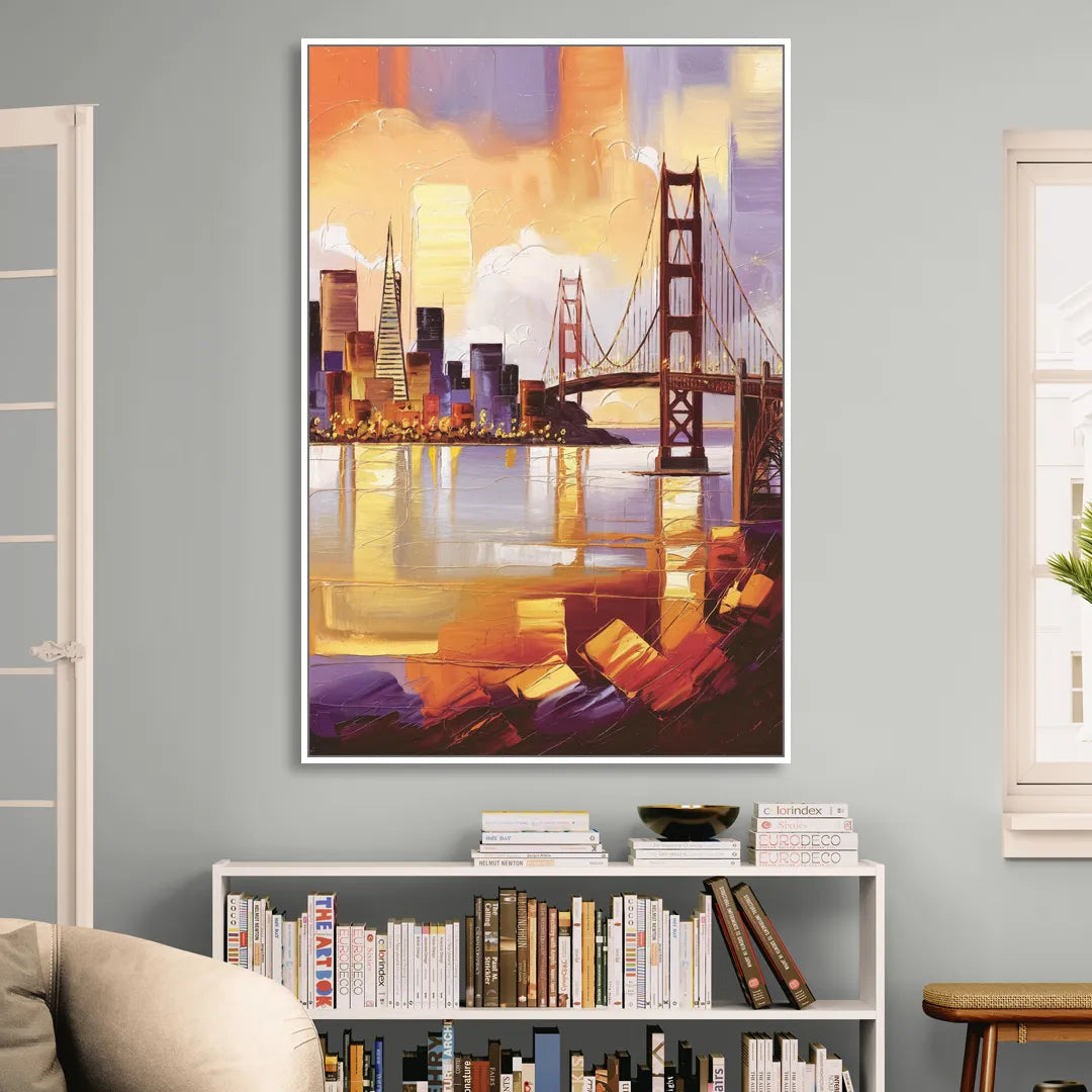 San Francisco Golden Hour Skyline Living Room - White Canvas Wall Art