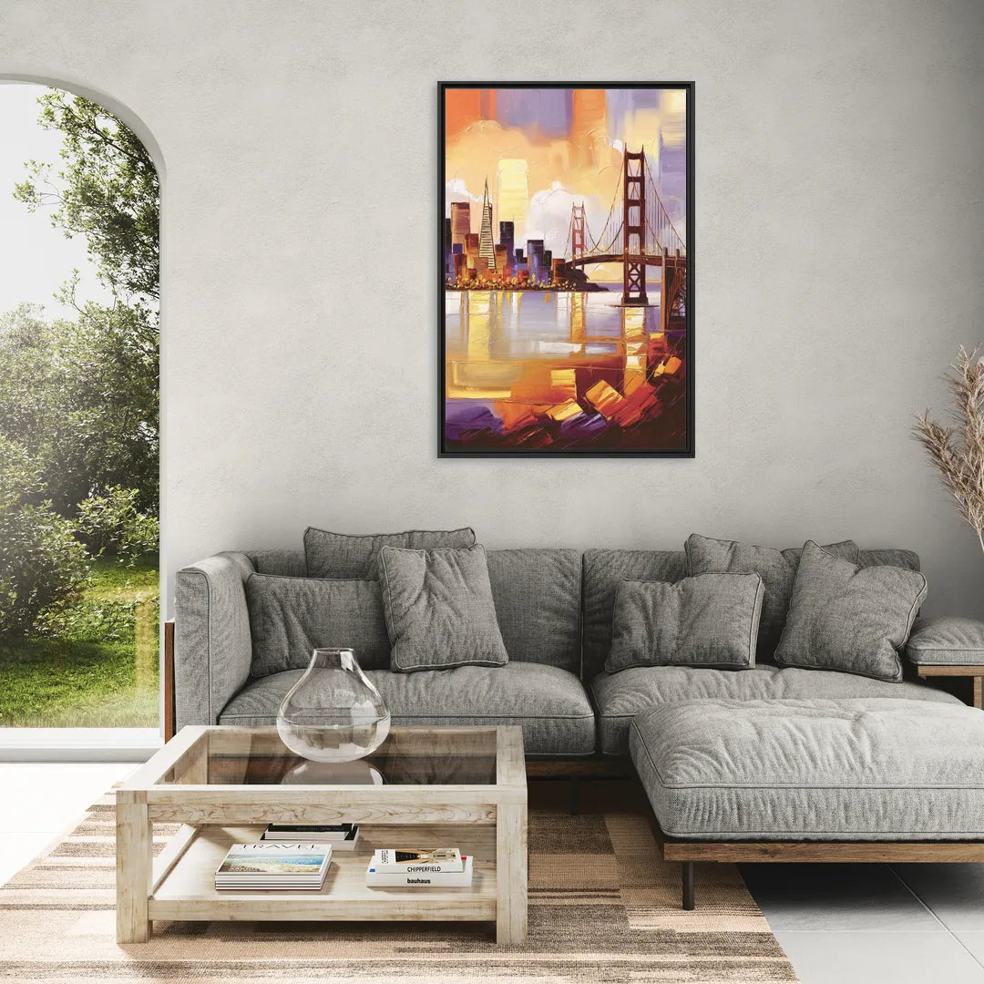 San Francisco Golden Hour Skyline - Living Room Black Frame Canvas
