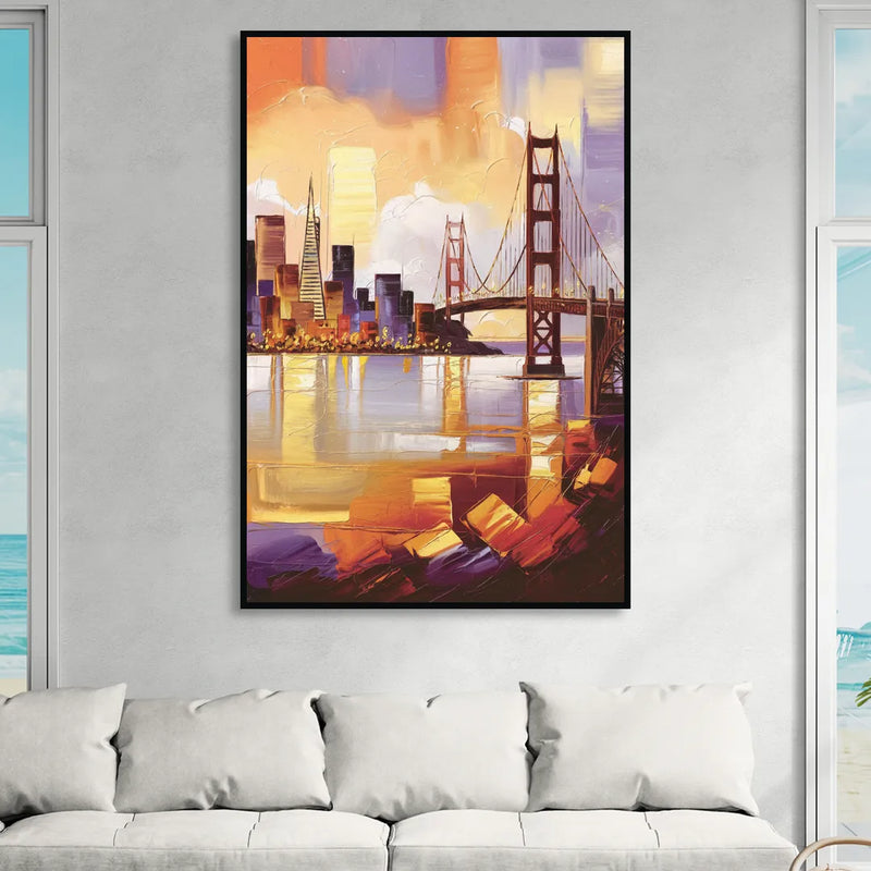 San Francisco Golden Hour Skyline Sitting Room - Black Canvas Wall Art