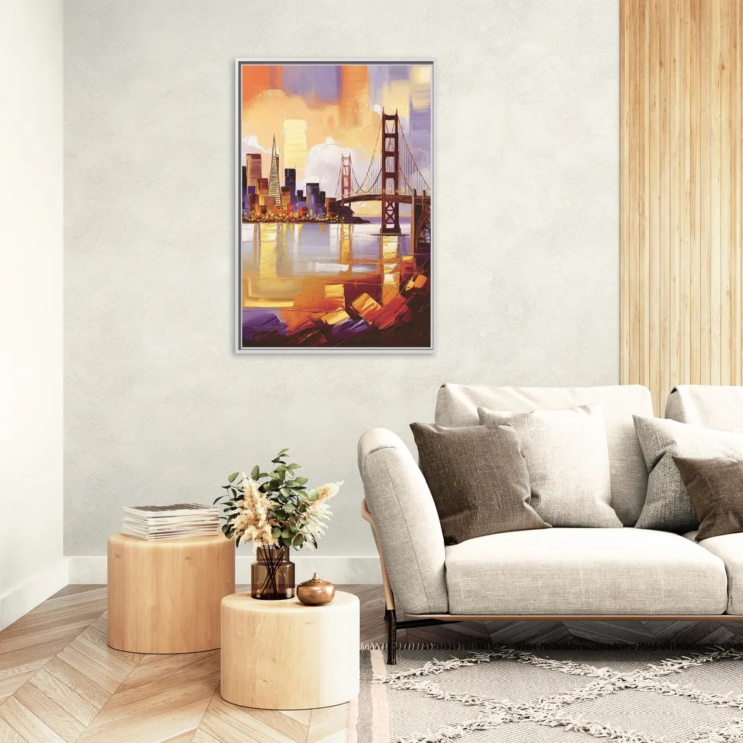 San Francisco Golden Hour Skyline - Living Room White Frame Canvas