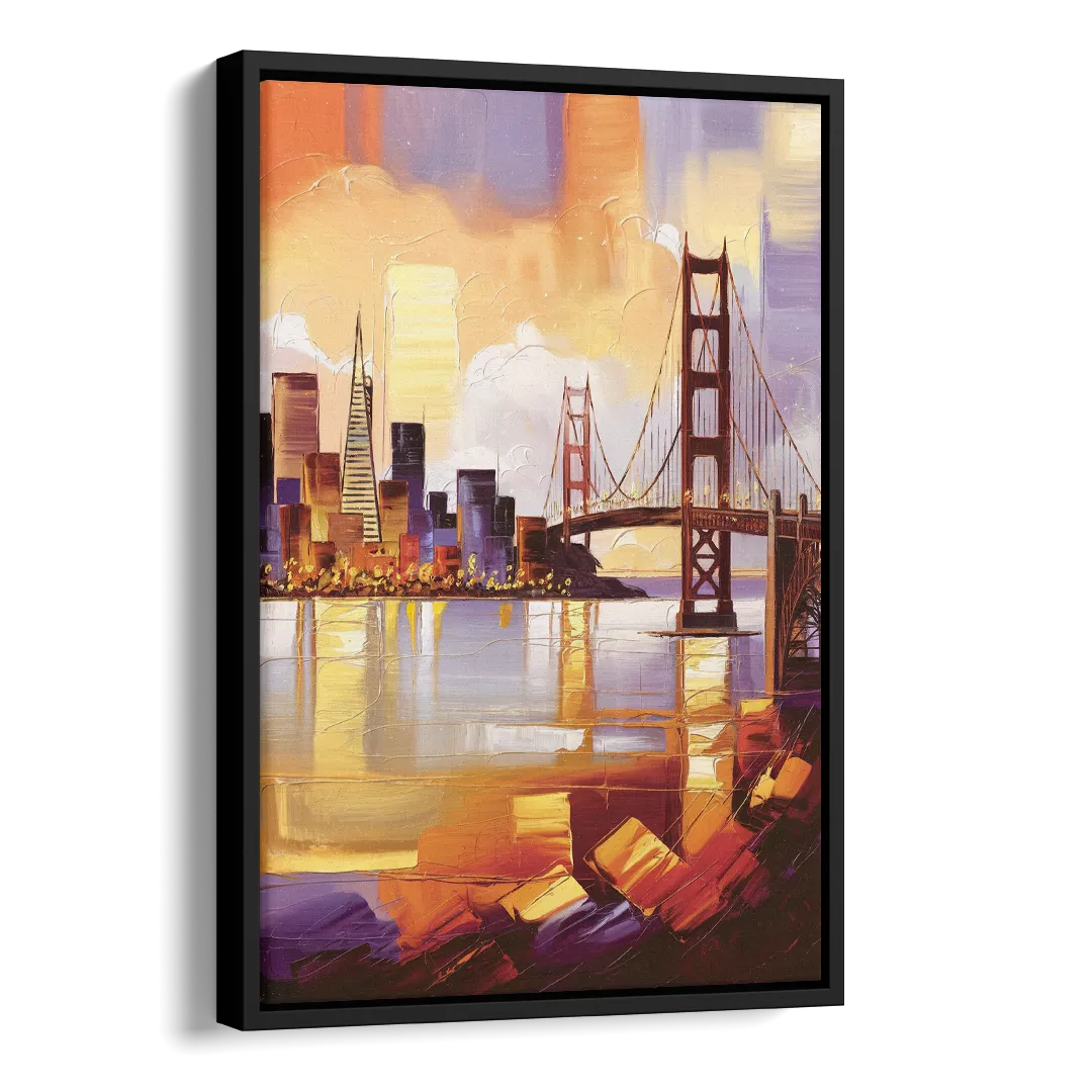 San Francisco Golden Hour Skyline Side - Black Canvas Wall Art