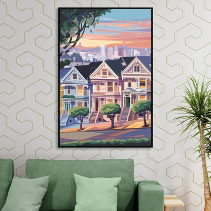 San Francisco Painted Ladies Sitting Room - Black Canvas Wall Art