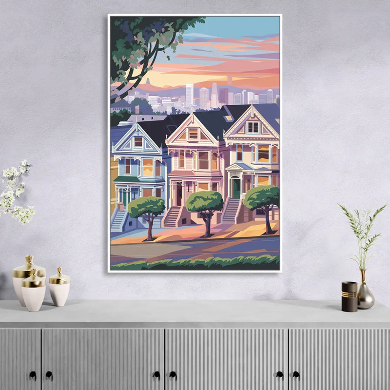 San Francisco Painted Ladies Living Room - White Canvas Wall Art