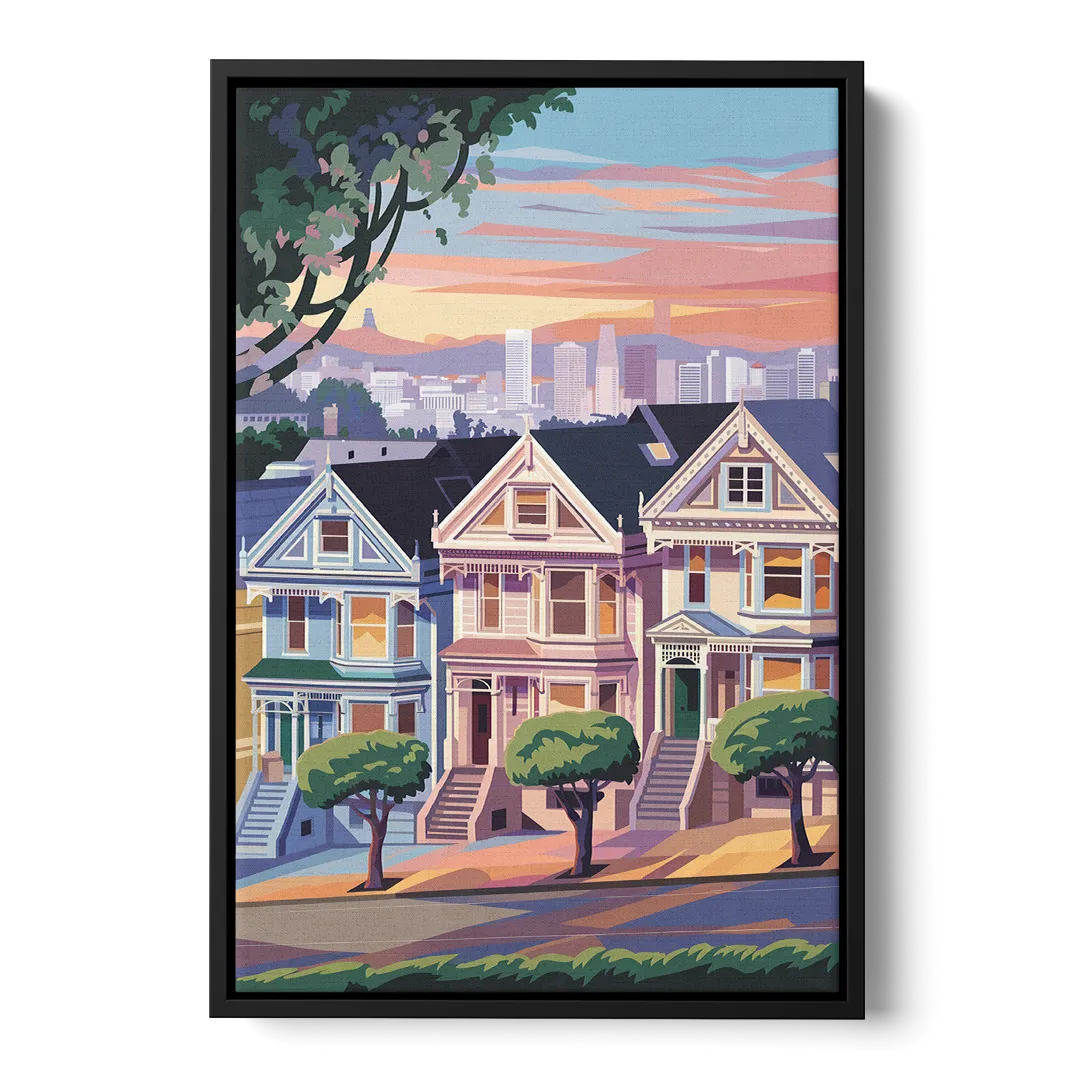 San Francisco Painted Ladies Front - Black Canvas Wall Art