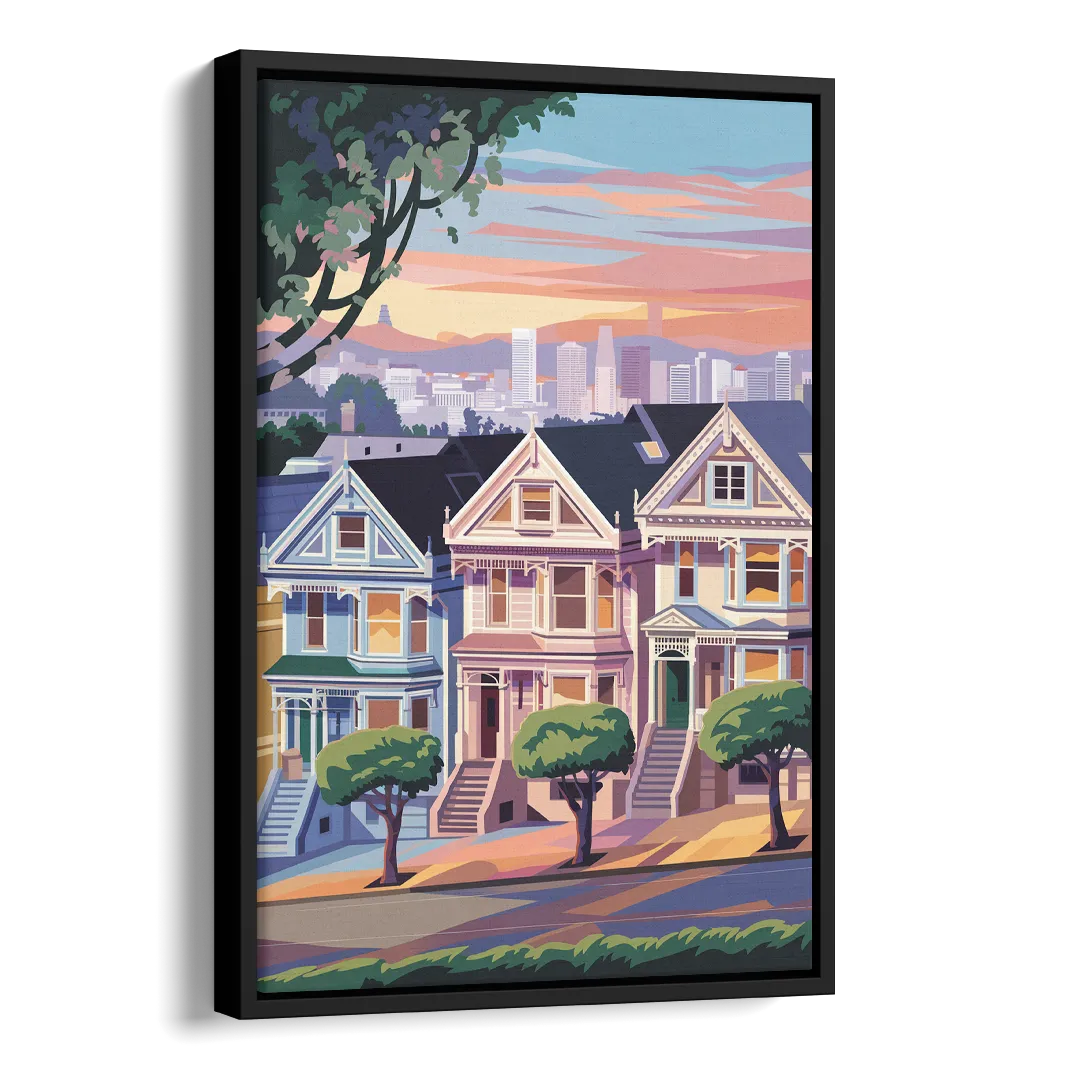 San Francisco Painted Ladies Side - Black Canvas Wall Art