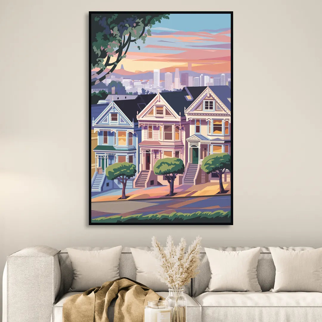San Francisco Painted Ladies Living Room - Black Canvas Wall Art