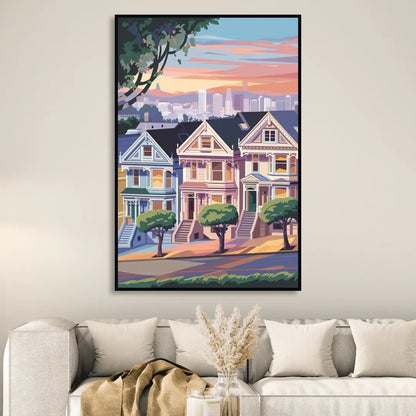 San Francisco Painted Ladies Living Room - Black Canvas Wall Art