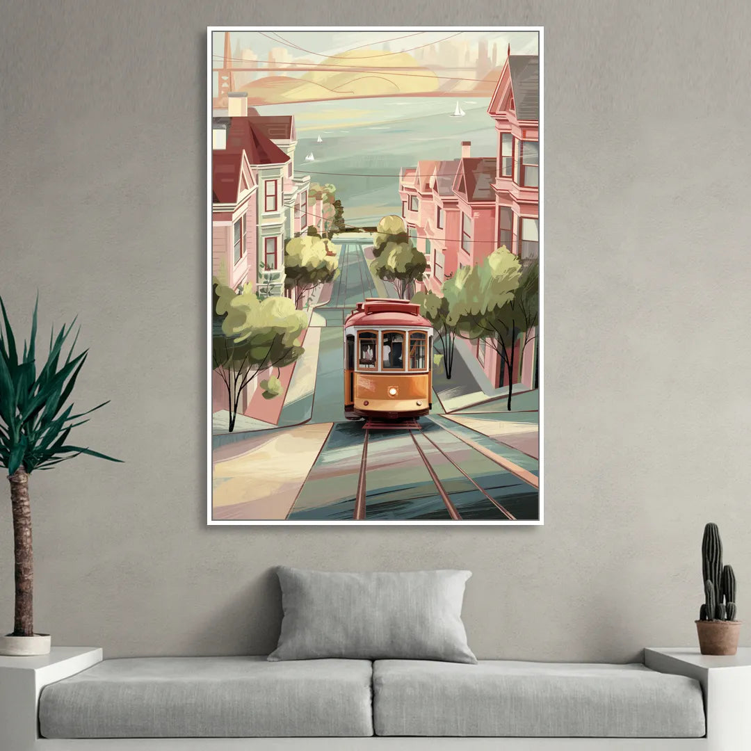 San Francisco Streetcar Charm Living Room - White Canvas Wall Art