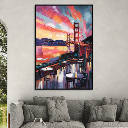 San Francisco Sunset Over the Bay Living Room - Black Canvas Wall Art