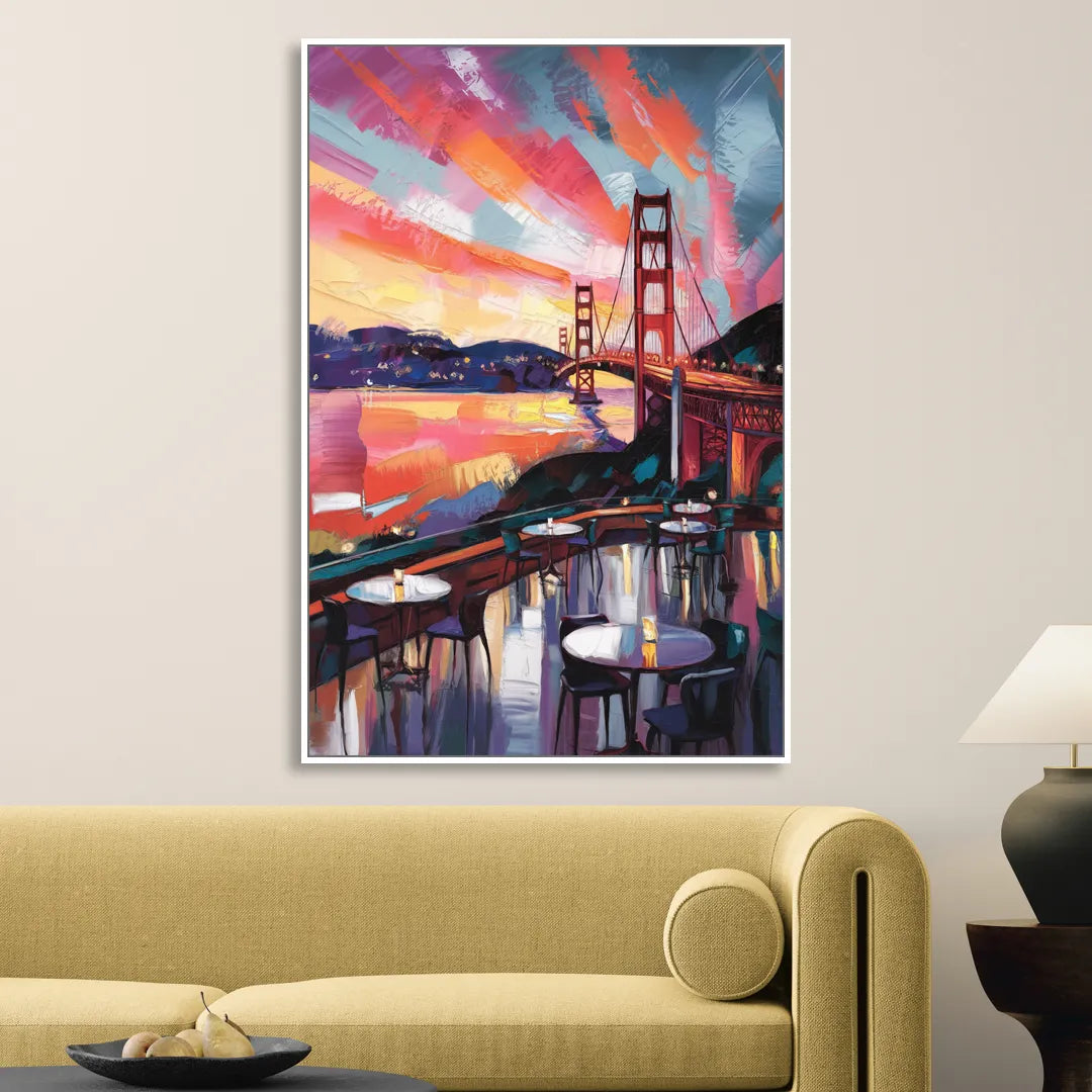 San Francisco Sunset Over the Bay Living Room - White Canvas Wall Art