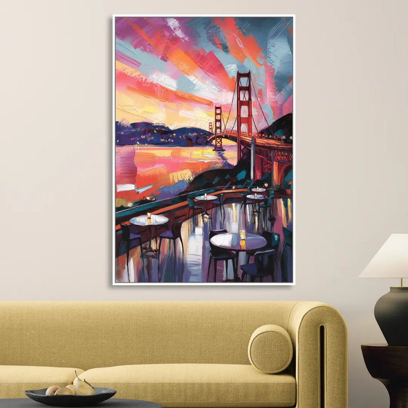 San Francisco Sunset Over the Bay Living Room - White Canvas Wall Art