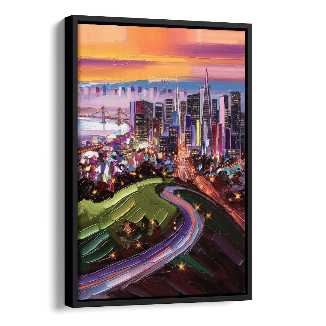 San Francisco Twin Peaks View Side - Black Canvas Wall Art