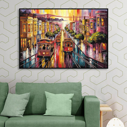 San Francisco Vibrant Streets Living Room - Black Canvas Wall Art