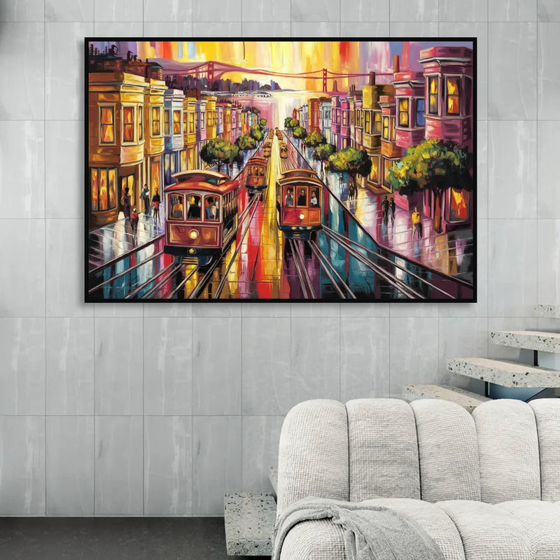 San Francisco Vibrant Streets Sitting Room - Black Canvas Wall Art