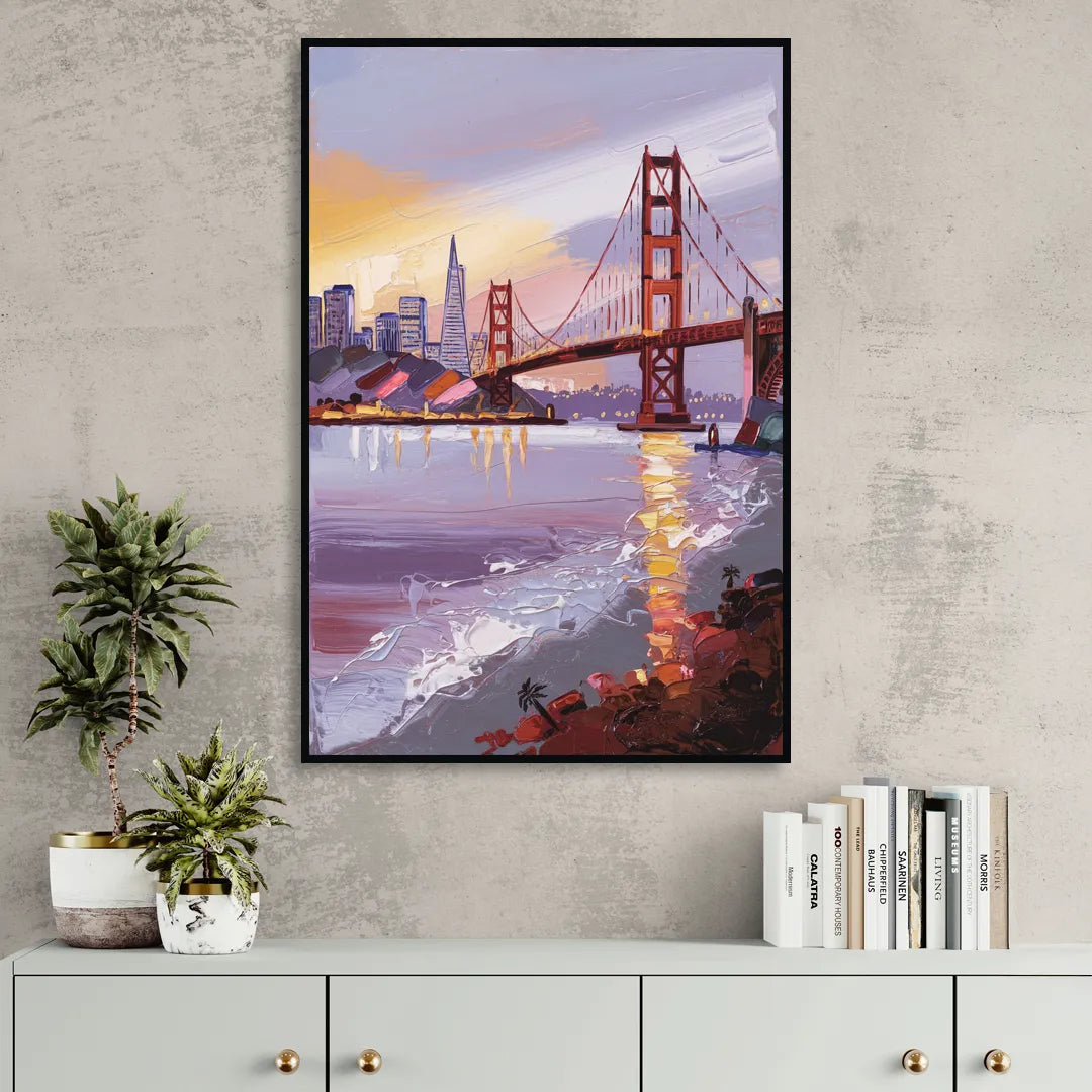 San Francisco Waterfront View Bay Living Room - Black Canvas Wall Art