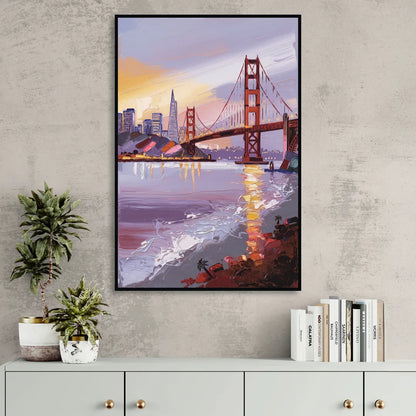 San Francisco Waterfront View Bay Living Room - Black Canvas Wall Art