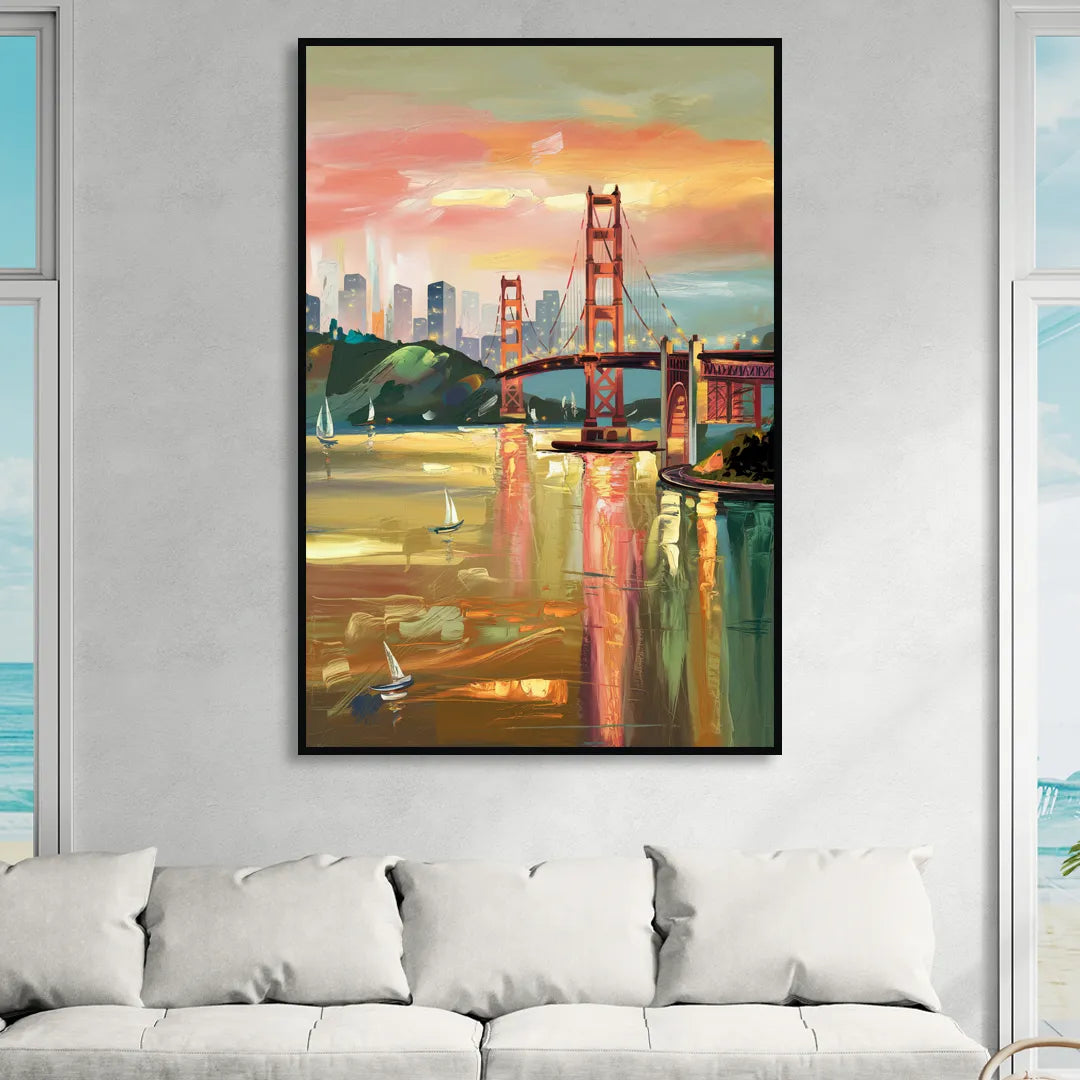 San Francisco Waterfront View Living Room - Black Canvas Wall Art
