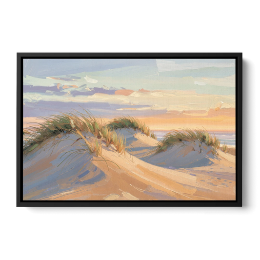Sand Dunes Painting at Lavender Dusk - Black Framed Canvas Wall Art - Front
