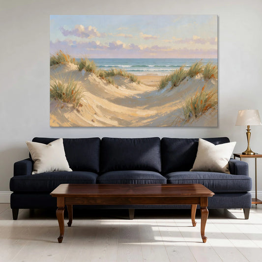 Sand Dunes and Beach Grass Under Lavender Clouds - Canvas Wall Art - Sofa - 60x40