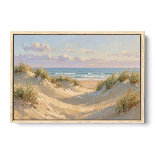 Sand Dunes and Beach Grass Under Lavender Clouds - Oak Framed Canvas Wall Art - Front