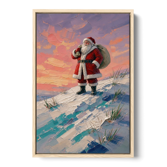 Santa Canvas on the Sunset Hill - Oak Framed Canvas Wall Art - Front