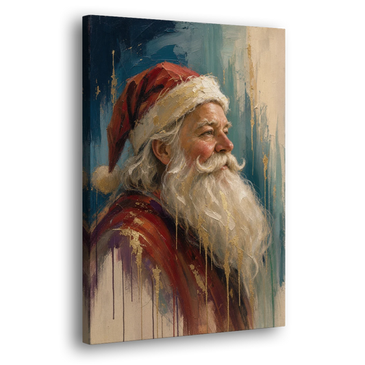 Santa Claus Portrait Painting in Gold Drips - Canvas Wall Art - Side