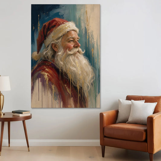 Santa Claus Portrait Painting in Gold Drips - Canvas Wall Art - Sofa - 40x60