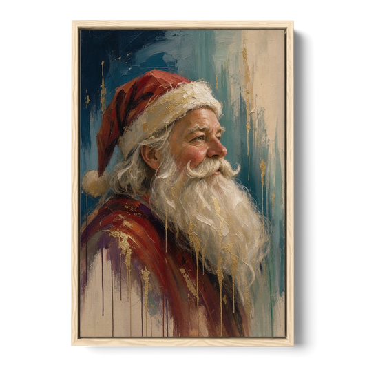 Santa Claus Portrait Painting in Gold Drips - Oak Framed Canvas Wall Art - Front