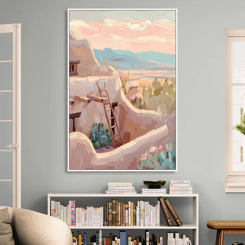 Santa Fe Adobe Architecture Sitting Room - White Canvas Wall Art