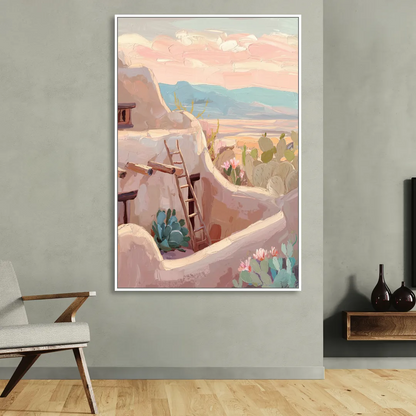 Santa Fe Adobe Architecture Living Room - White Canvas Wall Art