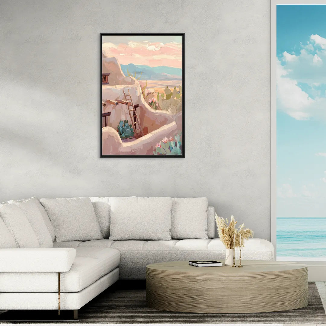 Santa Fe Adobe Architecture - Living Room Black Frame Canvas