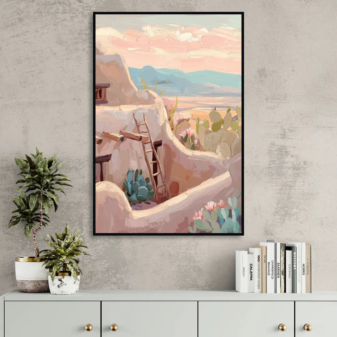 Santa Fe Adobe Architecture Sitting Room - Black Canvas Wall Art