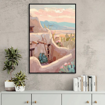 Santa Fe Adobe Architecture Sitting Room - Black Canvas Wall Art