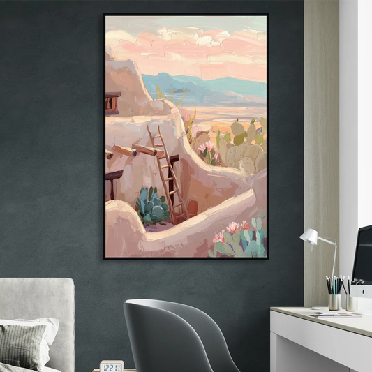Santa Fe Adobe Architecture Living Room - Black Canvas Wall Art