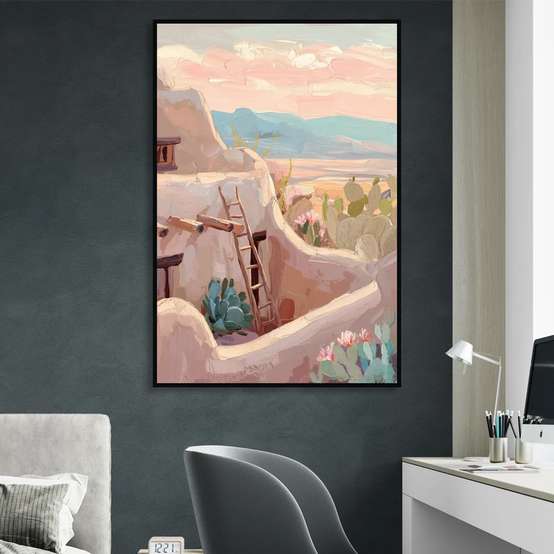 Santa Fe Adobe Architecture Living Room - Black Canvas Wall Art