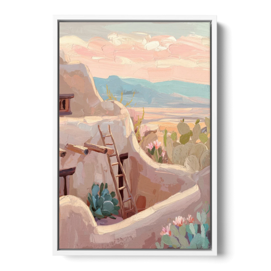 Santa Fe Adobe Architecture - White Framed Canvas Wall Art - Front