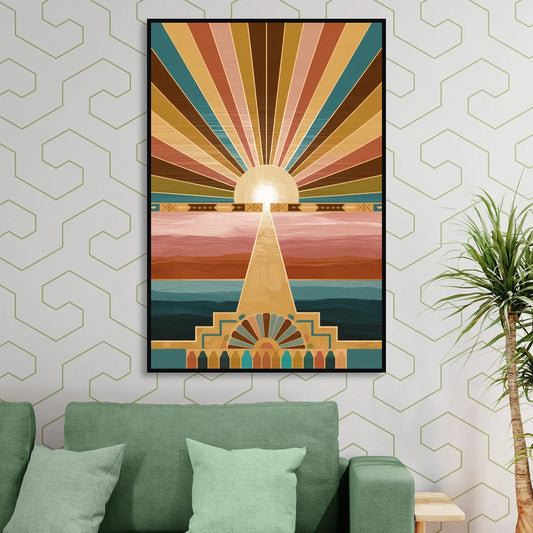 Santa Fe Sunburst Design Living Room - Black Canvas Wall Art
