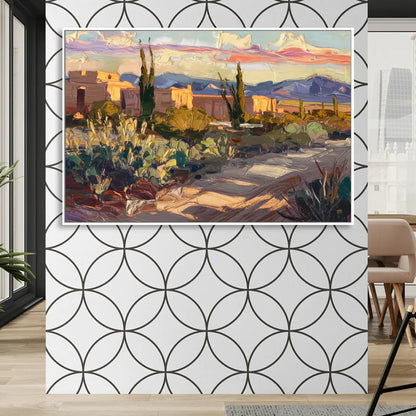 Santa Fe Sunset Landscape Sitting Room - White Canvas Wall Art