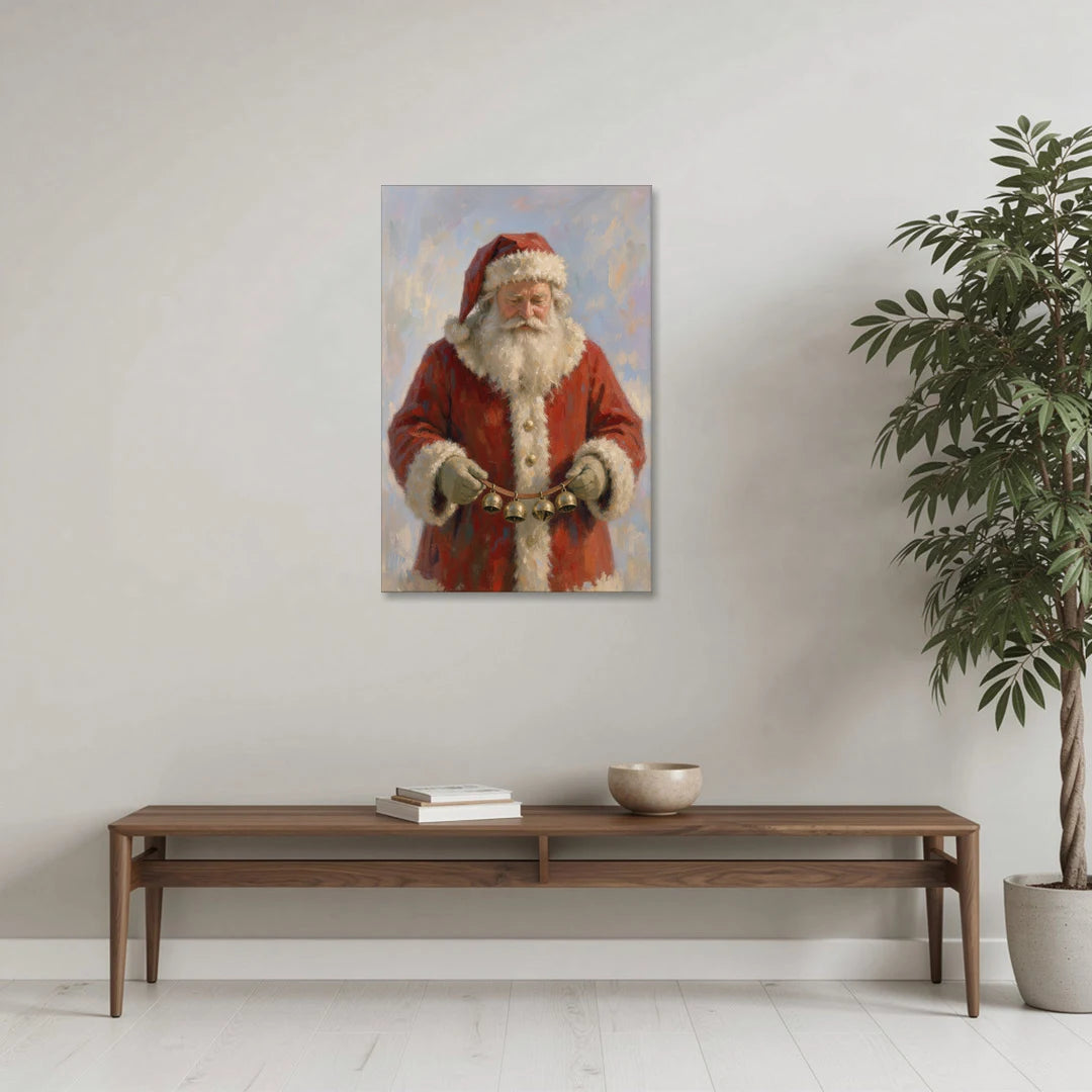 Santa Painting on Canvas with Sleigh Bells - Canvas Wall Art - Coffee Table - 24x36