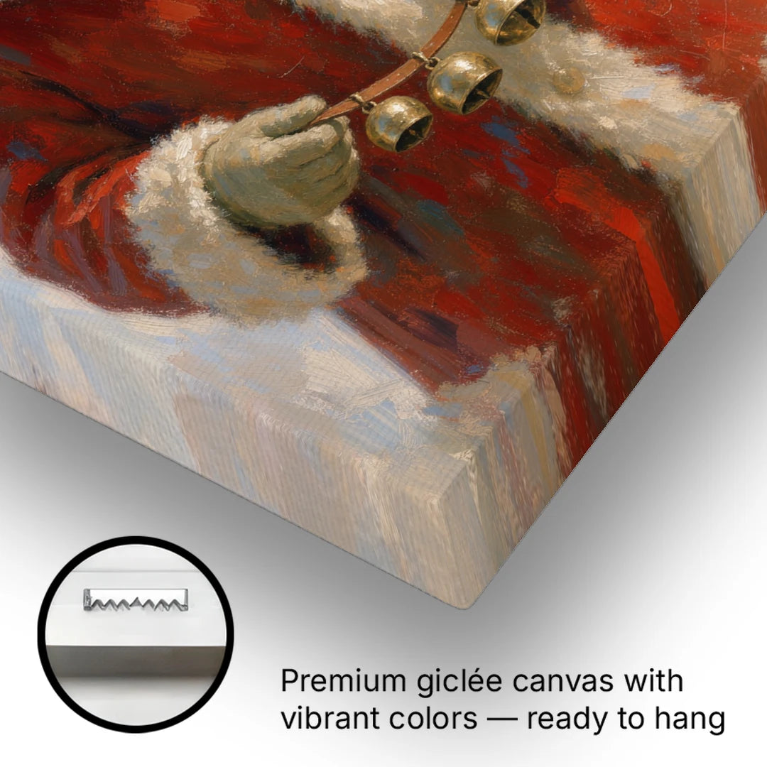 Santa Painting on Canvas with Sleigh Bells - Canvas Wall Art - Gallery Wrap Corner