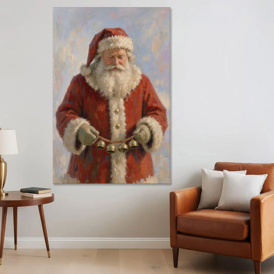 Santa Painting on Canvas with Sleigh Bells - Canvas Wall Art - Sofa - 40x60