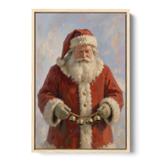 Santa Painting on Canvas with Sleigh Bells - Oak Framed Canvas Wall Art - Front
