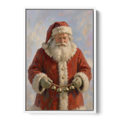 Santa Painting on Canvas with Sleigh Bells - White Framed Canvas Wall Art - Front