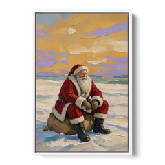 Modern Christmas Santa Resting on His Sack - White Framed Canvas Wall Art - Front